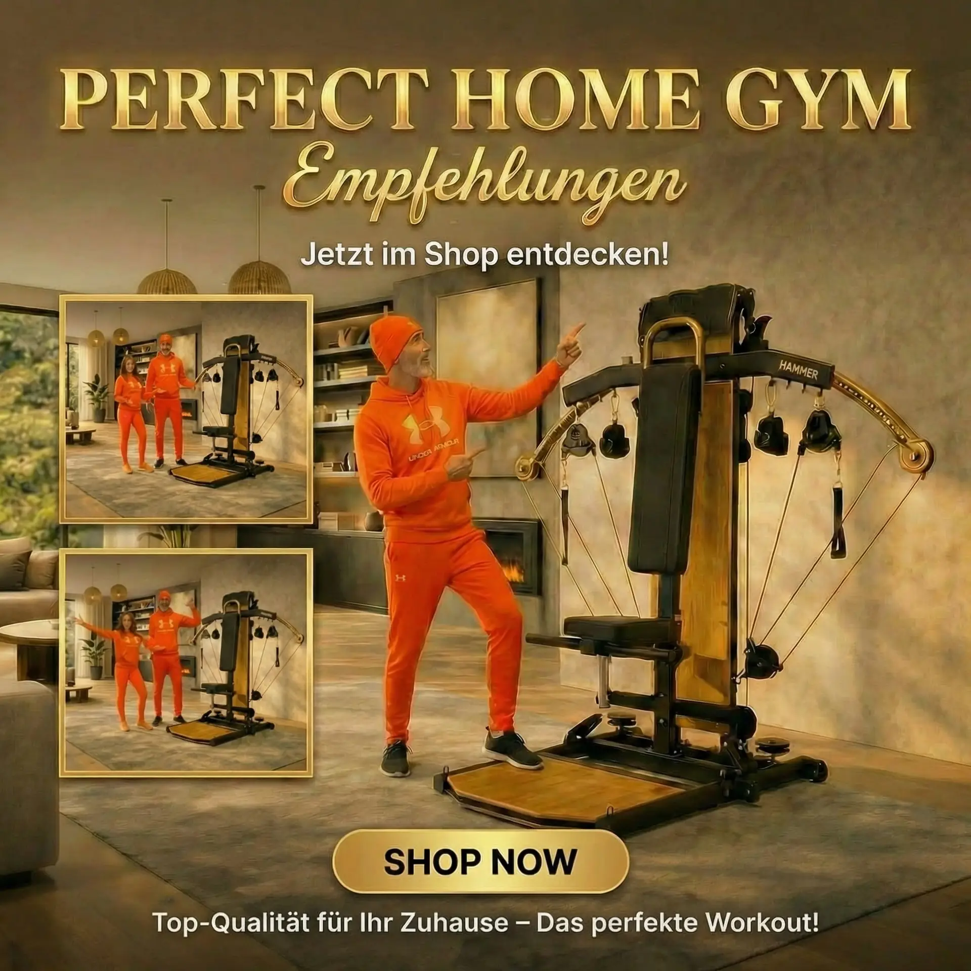 Mann in oranger Sportkleidung zeigt Fitnessmaschine im Wohnzimmer mit Inhouse-Trainingsempfehlungen.