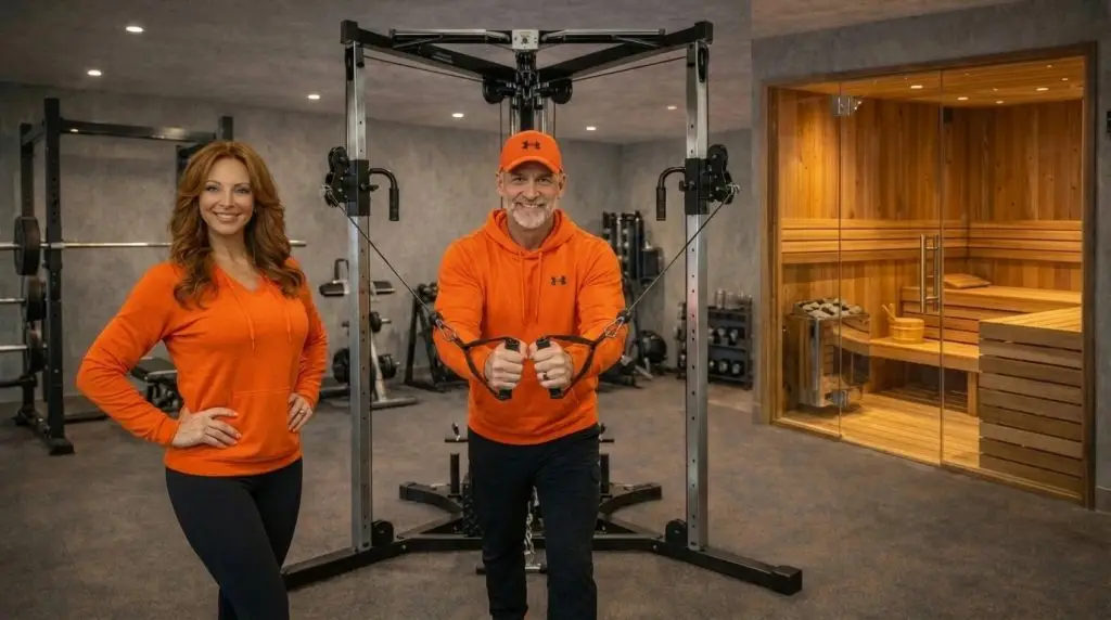 Mann trainiert an Kabelzugmaschine neben Frau in orangefarbener Sportkleidung, Sauna im Hintergrund.