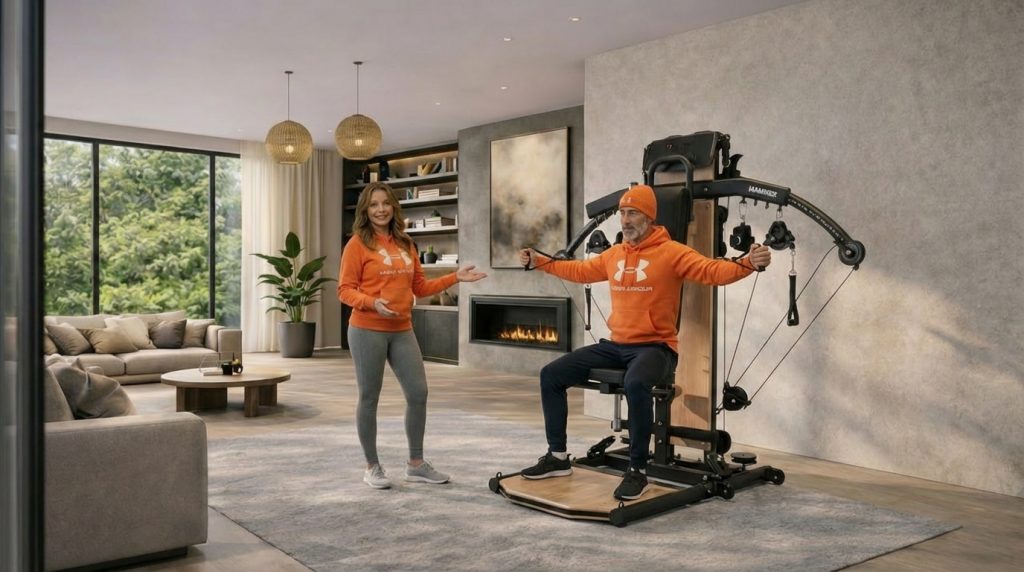 Mann trainiert an Fitnessgerät im Wohnzimmer, Frau erklärt, beide in orangen Sweatshirts.