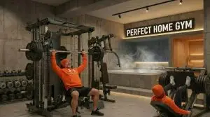 Moderner Heim-Fitnessraum mit Kraftstation, Gewichten, Whirlpool, Sauna und zwei trainierenden Personen.