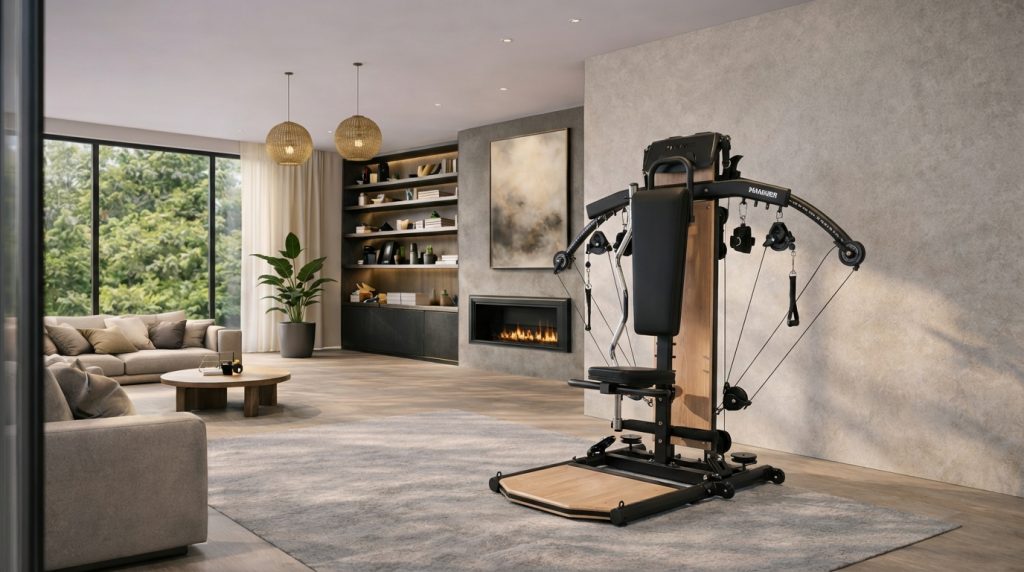 Modernes Wohnzimmer mit Sofa, Couchtisch, Pflanze, Bücherregal, Kamin und Multifunktions-Trainingsstation.