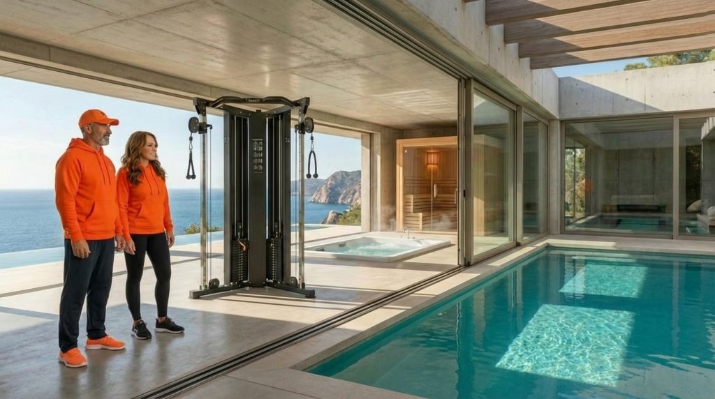 Mann und Frau in orange Sportkleidung im Fitnessraum mit Pool, Whirlpool und Sauna mit Meerblick.