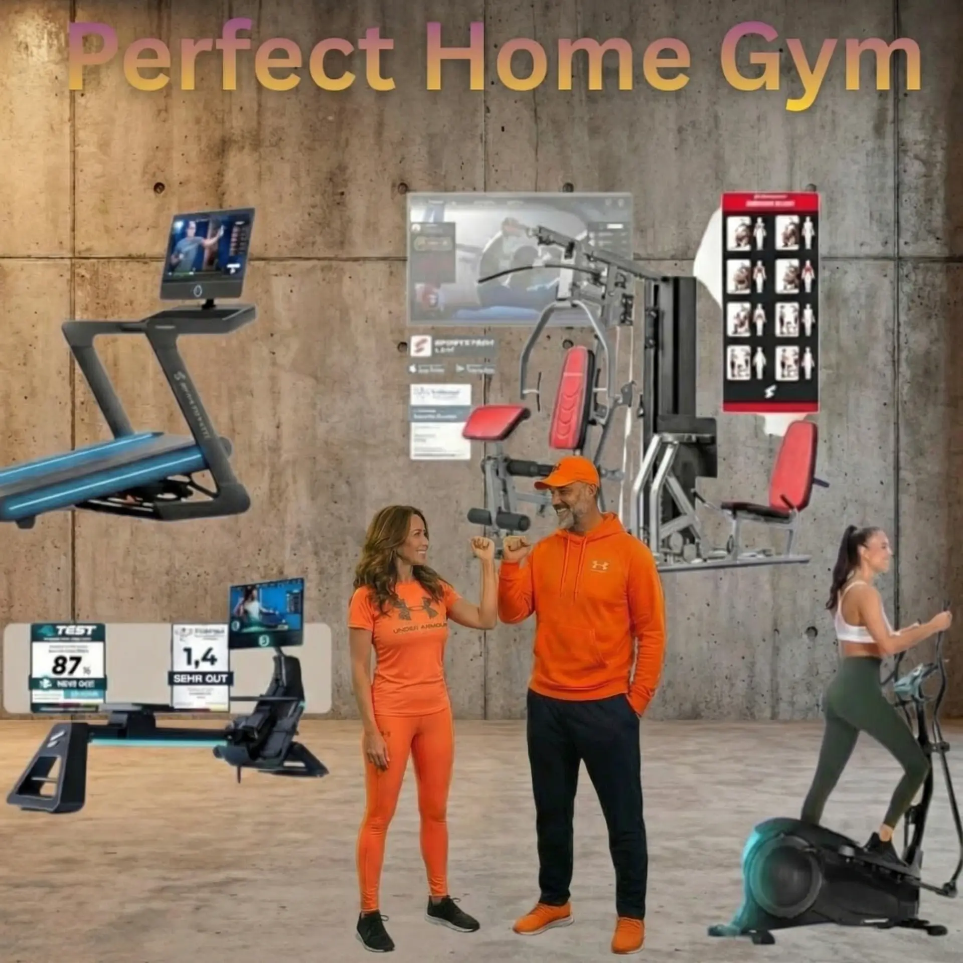 Zwei Personen in oranger Sportkleidung geben sich im Fitnessstudio vor Betonwand einen Faustgruß, umgeben von Trainingsgeräten.