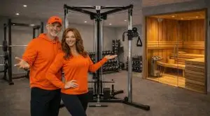 Zwei Personen in orangefarbenen Pullovern in einem Fitnessraum mit Hanteln und Holzsauna.