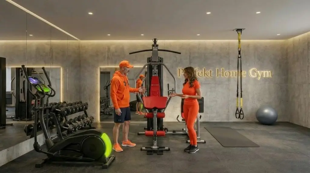Zwei Personen in Sportkleidung im modernen Home-Gym mit Trainingsgeräten und Schriftzug Perfekt Home Gym.