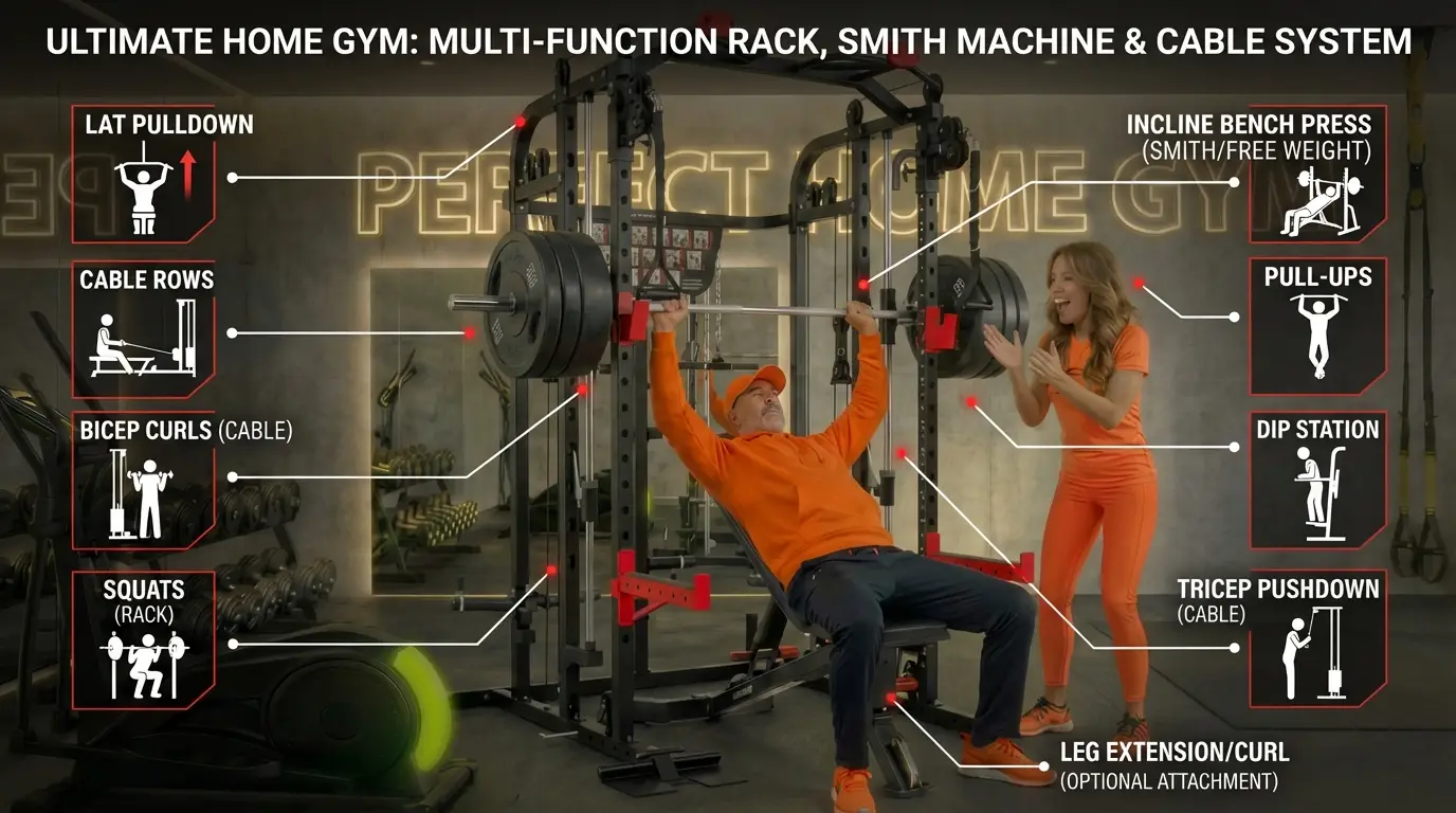 Multifunktionales Home-Gym mit Smith-Maschine und Kabelsystem, zwei Personen trainieren.