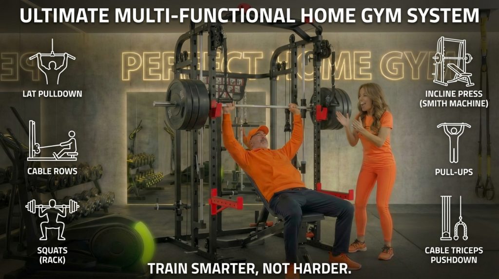 Mann trainiert Schrägbankdrücken auf Multifunktions-Heimtrainingsgerät, Frau motiviert.