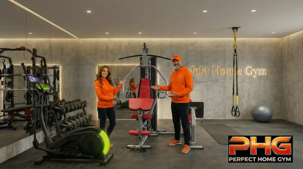 Zwei Personen in orange Hoodie stehen in modernem Fitnessstudio neben Trainingsgeräten und Logo-Wwand "Perfect Home Gym" sowie PHG-Logo.