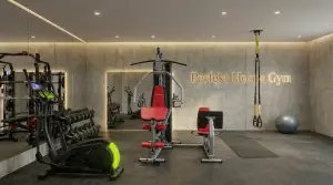 Moderner Heimfitnessraum mit Hanteln, Kraftgerät, Rudergerät, TRX, Spiegelwand, Beleuchtung und Aufschrift Perfekt Home Gym.