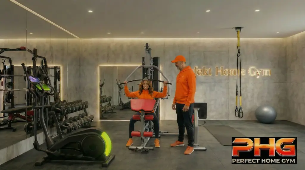 Zwei Personen in Orange trainieren in einem modernen Fitnessraum; eine Frau benutzt eine Brustpresse, unterstützt von einem Mann.
