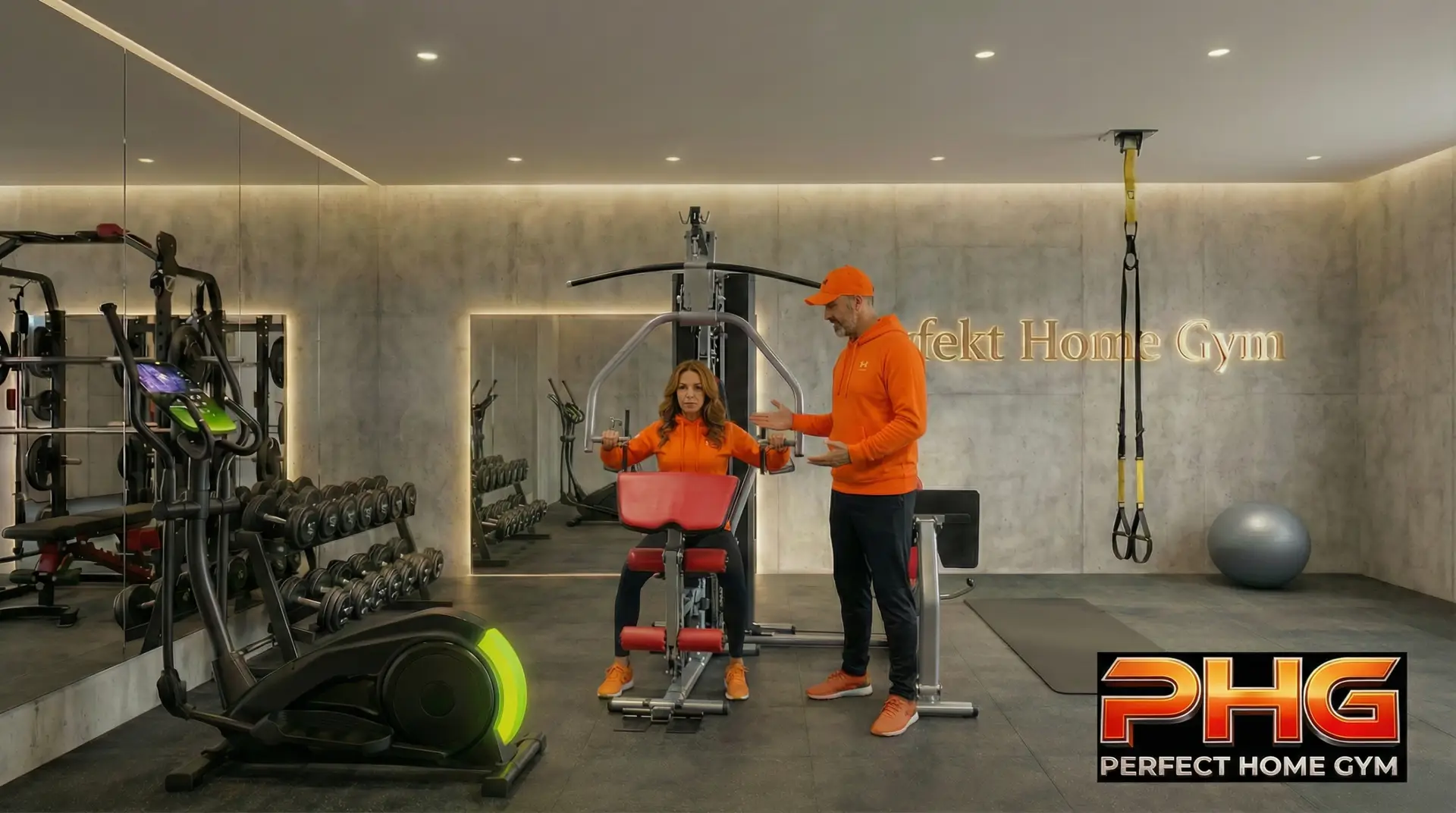 Zwei Personen trainieren in einem Fitnessstudio; rote Rückenlehnenmaschine, Hanteln, TRX-Gymnastik, Gymmatte, Gymball; PHG-Logo im Vordergrund und Schriftzug Perfect Home Gym